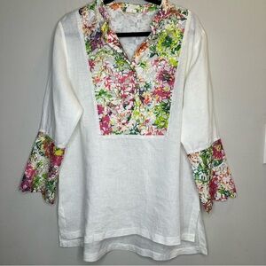 Soft Surroundings Women’s 100% Linen Garden Tunic Top Floral Cutout Lace Size L